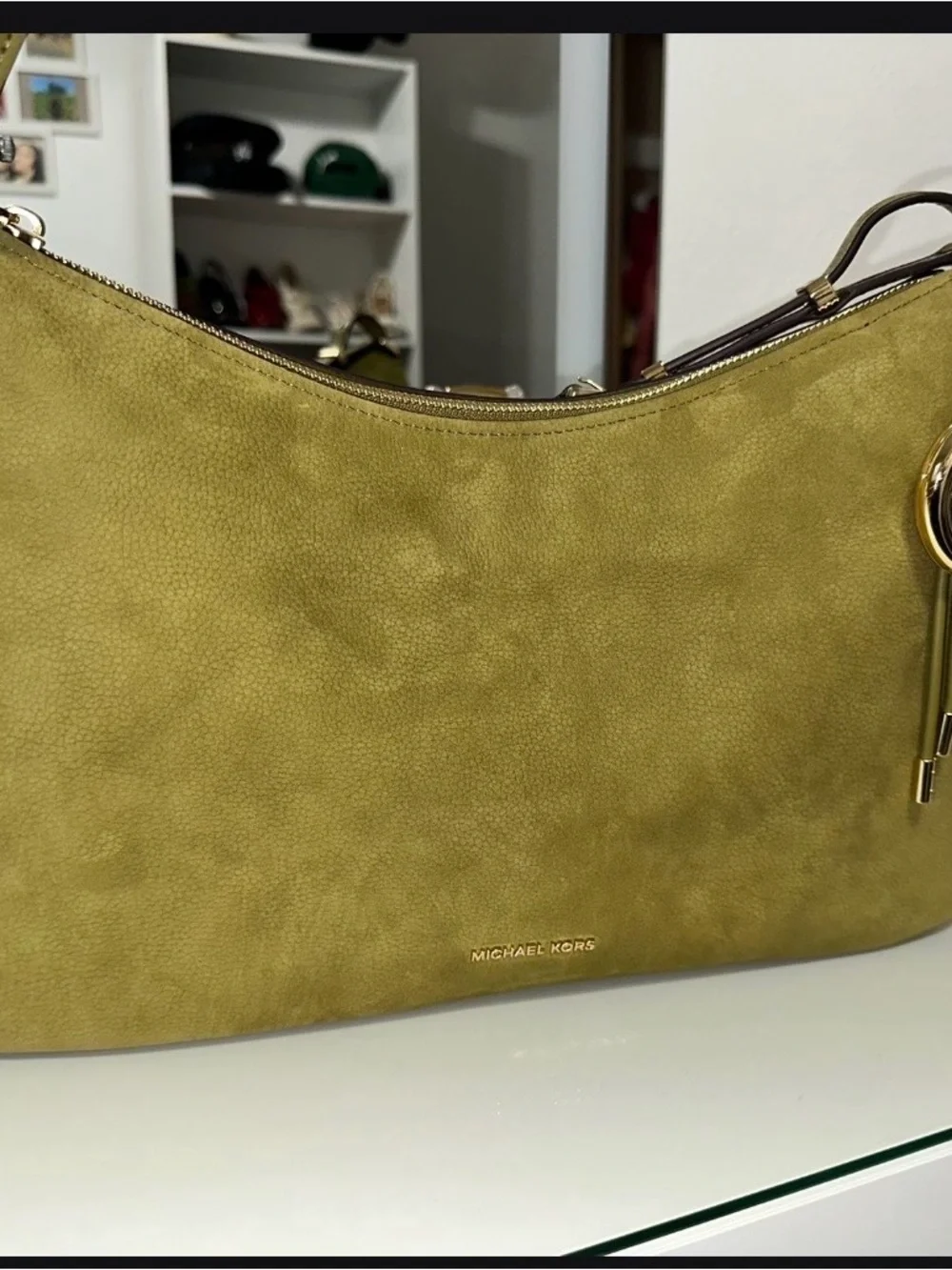 Michael Kors Olive Green Suede Shoulder Bag with Gold Hardware